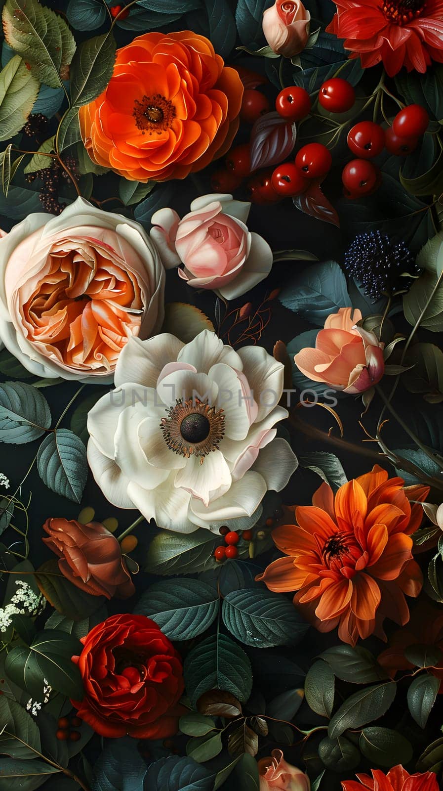 A beautiful painting of flowers and berries on a dark background, showcasing the artists creativity in flower arranging. The bouquet of colorful petals belongs to the Rose family