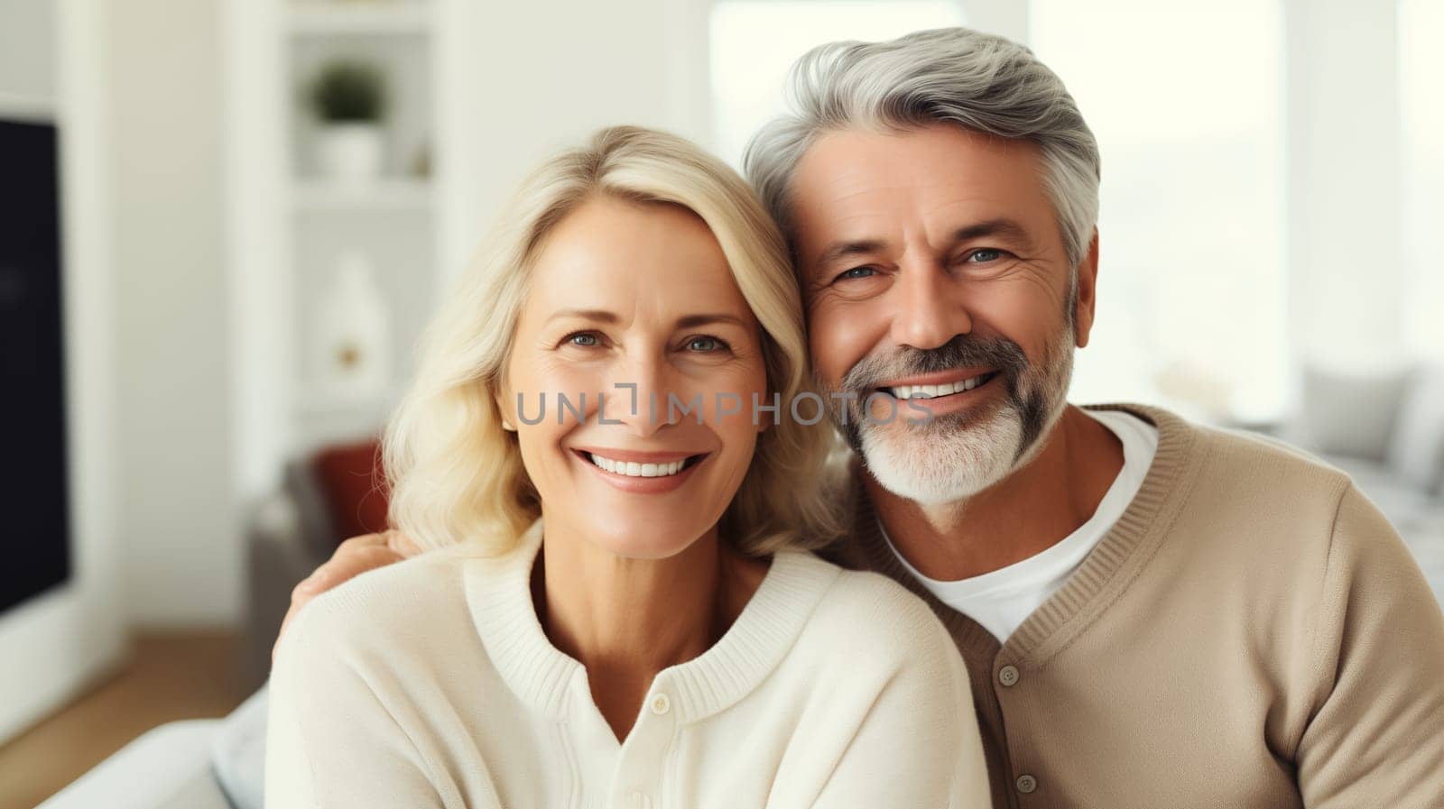 Portrait of happy smiling mature couple hugging, elderly woman and man sitting on sofa at home together