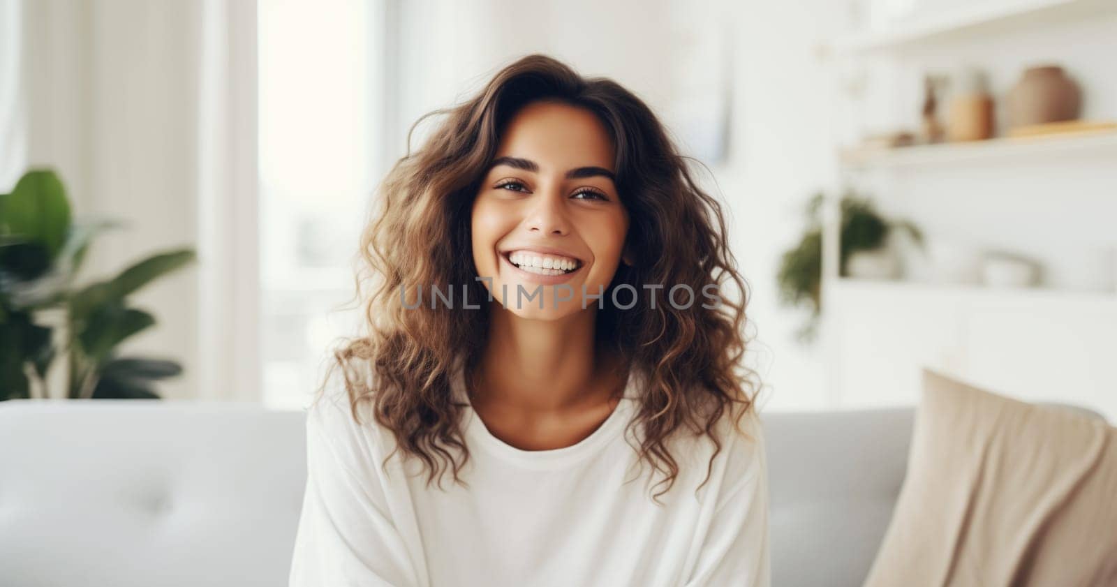 Portrait of beautiful happy smiling young woman looking at camera in white room at home, toothy smile, curly hair
