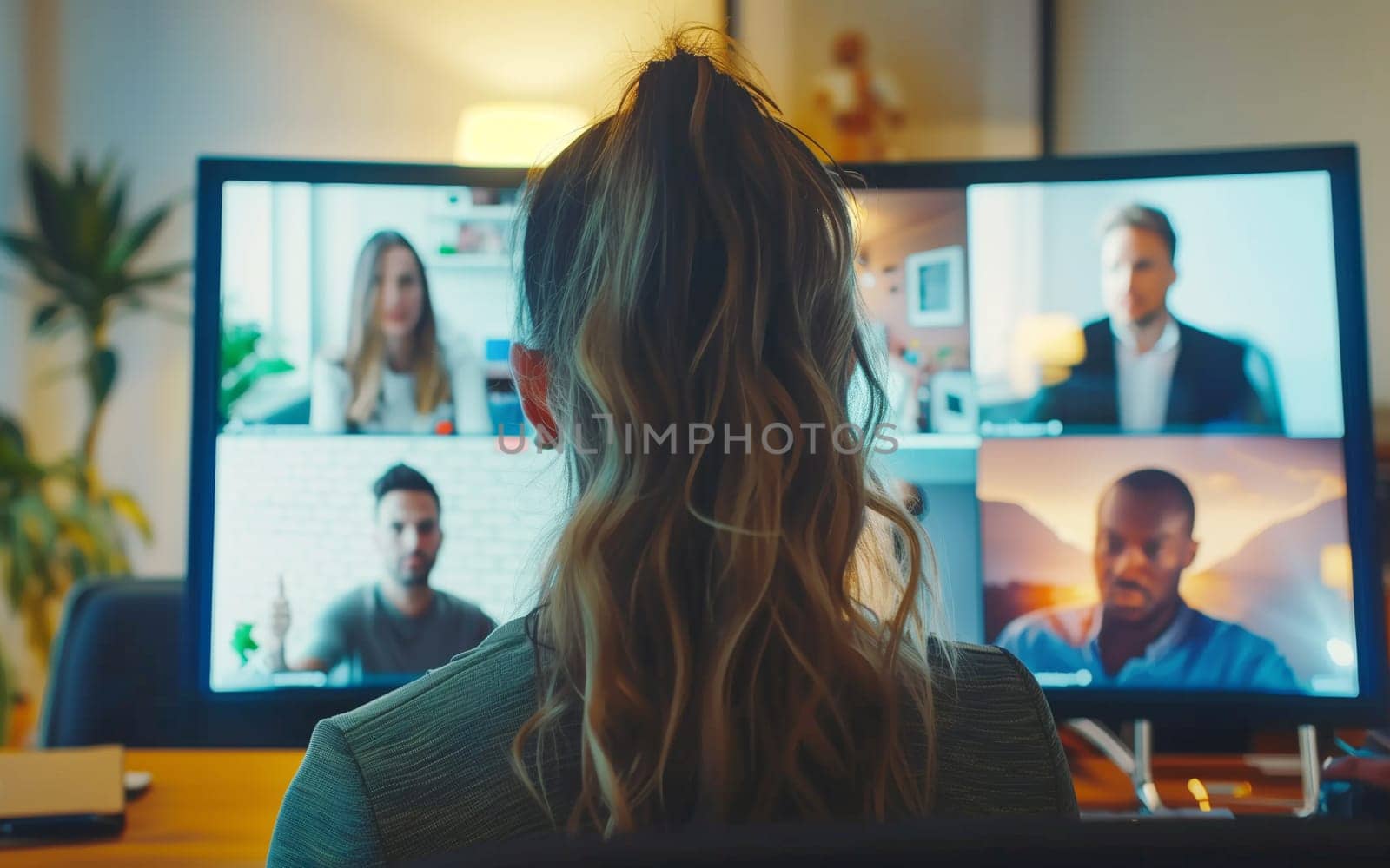 Rear view of woman employee talking on a video call with colleagues businessmen in office. Work remotely from home concept. Online meeting concept.