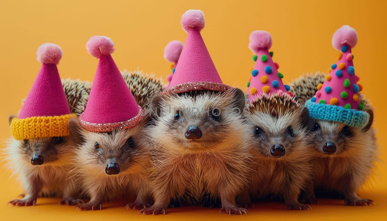 A group of hedgehogs wearing party hats by AI generated image.