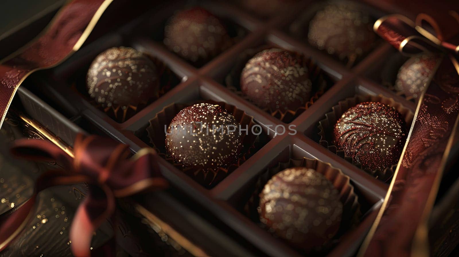 Luxurious box of chocolate truffles adorned with a ribbon, featuring rich dark colors and high detail.