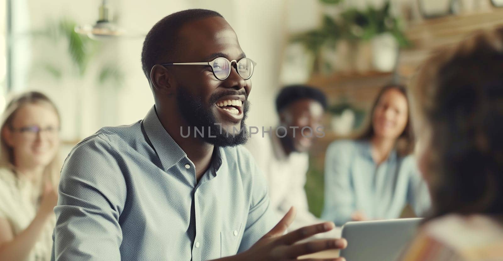 Happy smiling man, business people discussing a new project together sitting at the desk in an office, cheerful african colleagues having a conversation at a meeting