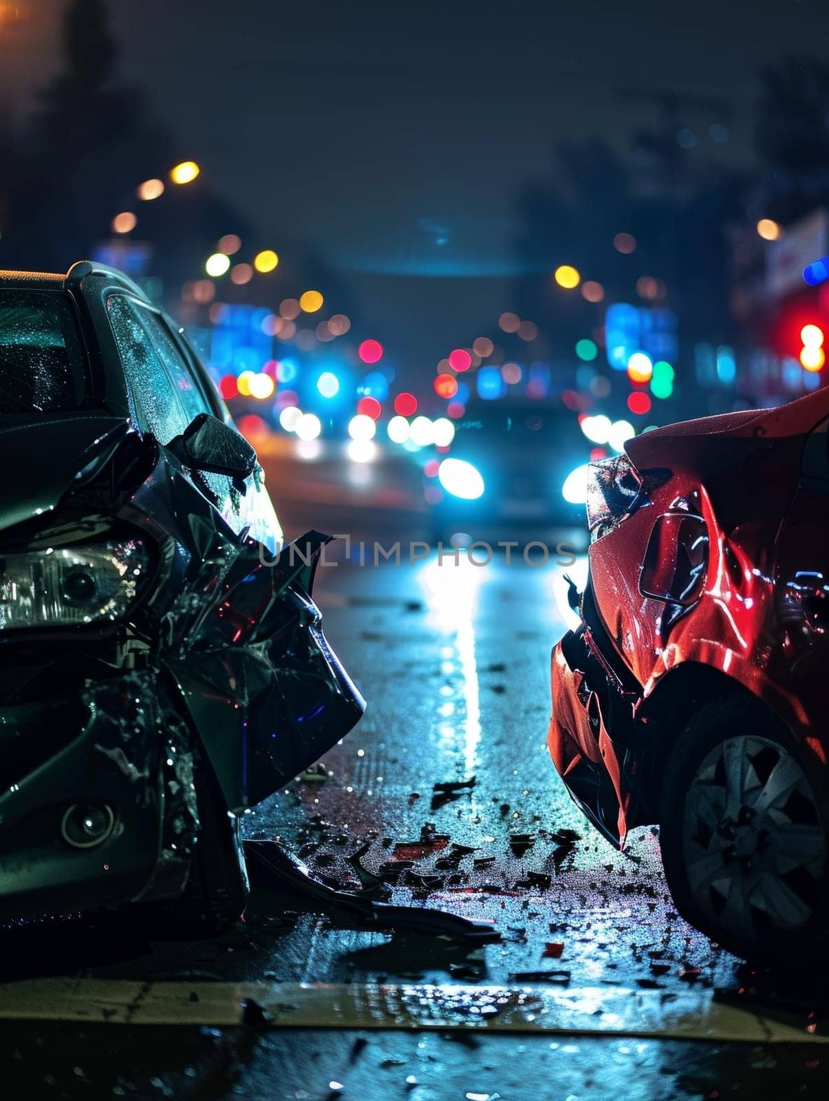 Two severely damaged cars collide on a rain-soaked city street, with colorful lights from nearby buildings creating a dramatic nighttime scene. by sfinks