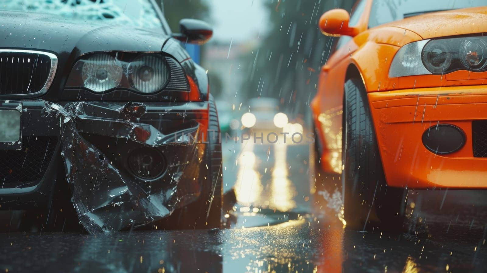 Two damaged vehicles are visible in a rainy urban setting, with one car severely dented and the other partially obscured by the heavy downpour