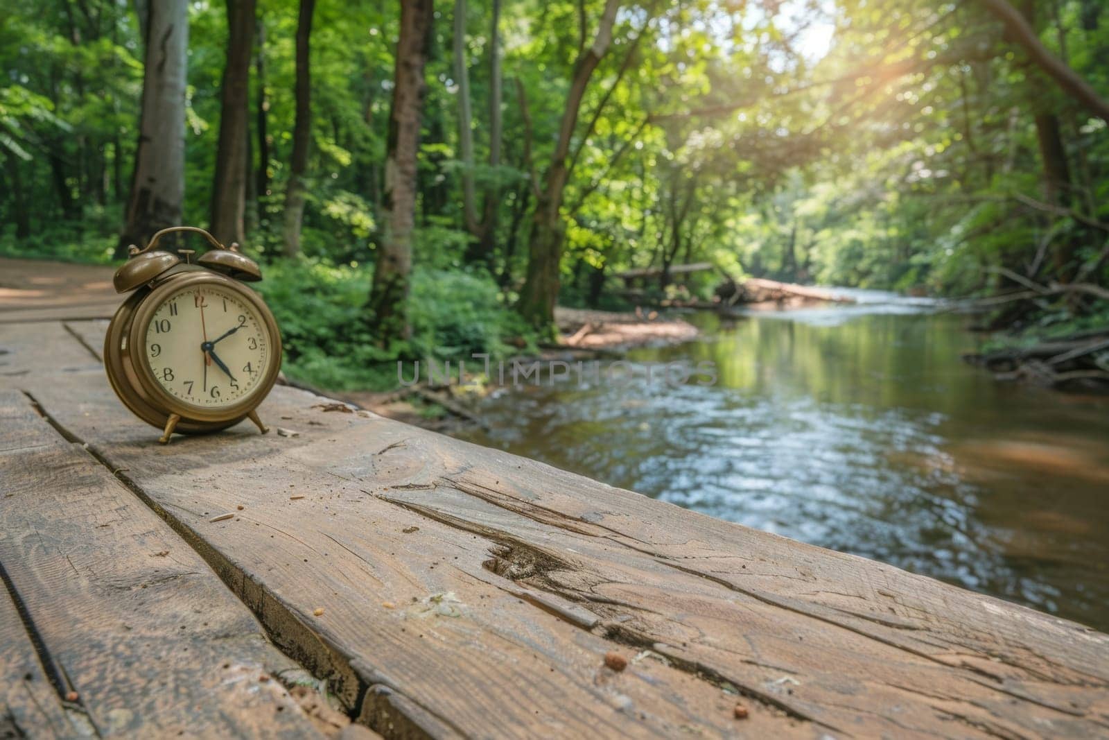 An alarm clock sits on a wooden platform near a flowing river.