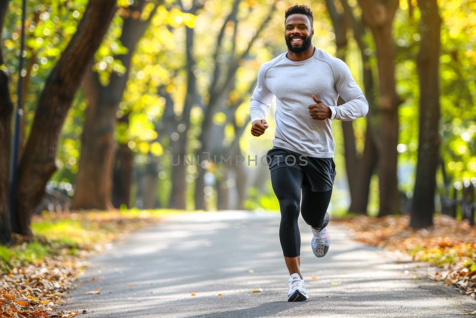 A fit, athletic man jogs through a lush, autumnal forest, surrounded by the warm, golden hues of the changing leaves. by sfinks