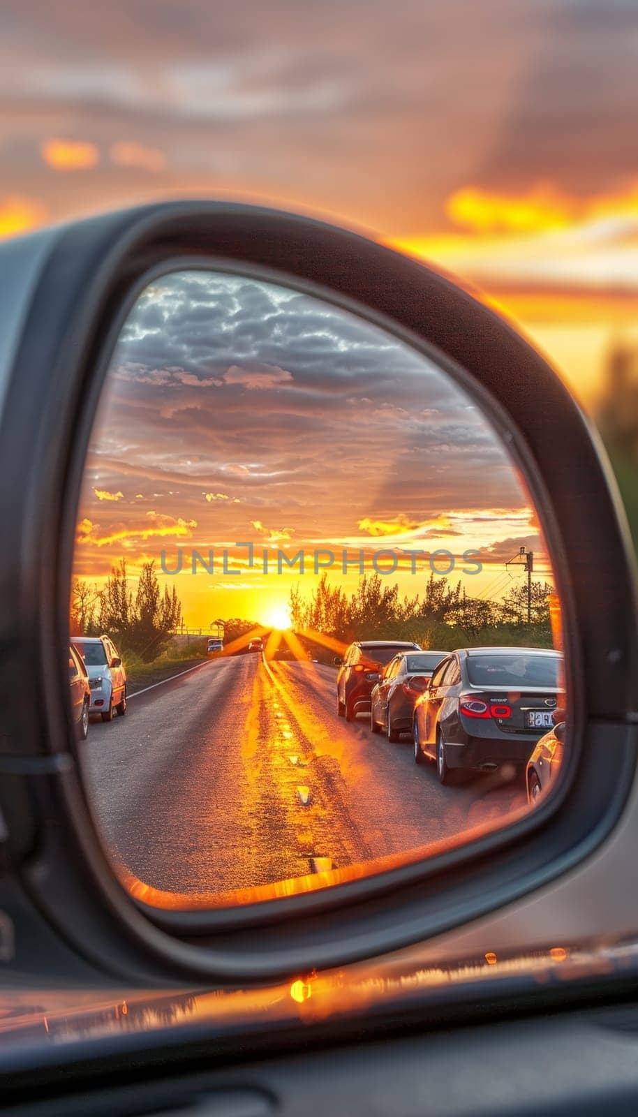 The sideview mirror of a car reflects the vibrant, golden lights of a city street at night, creating a warm, atmospheric scene