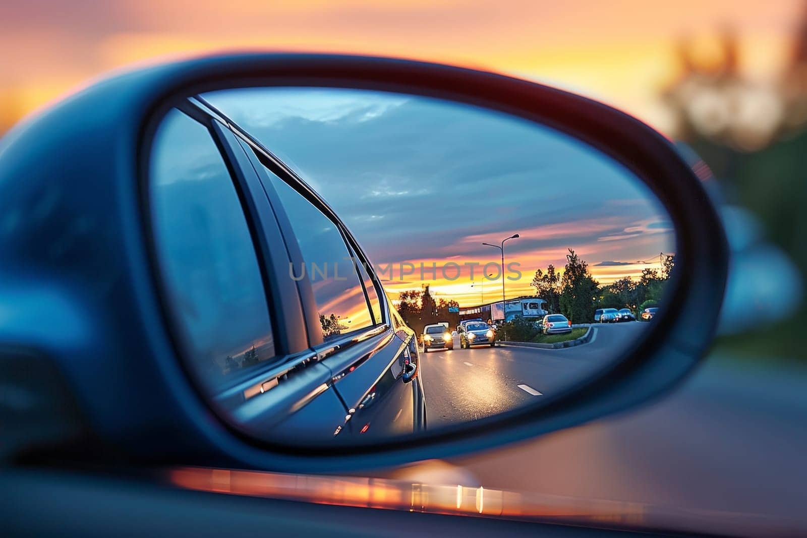 The vibrant sunset is beautifully reflected in the sideview mirror of a car, creating a serene and atmospheric driving scene. by sfinks