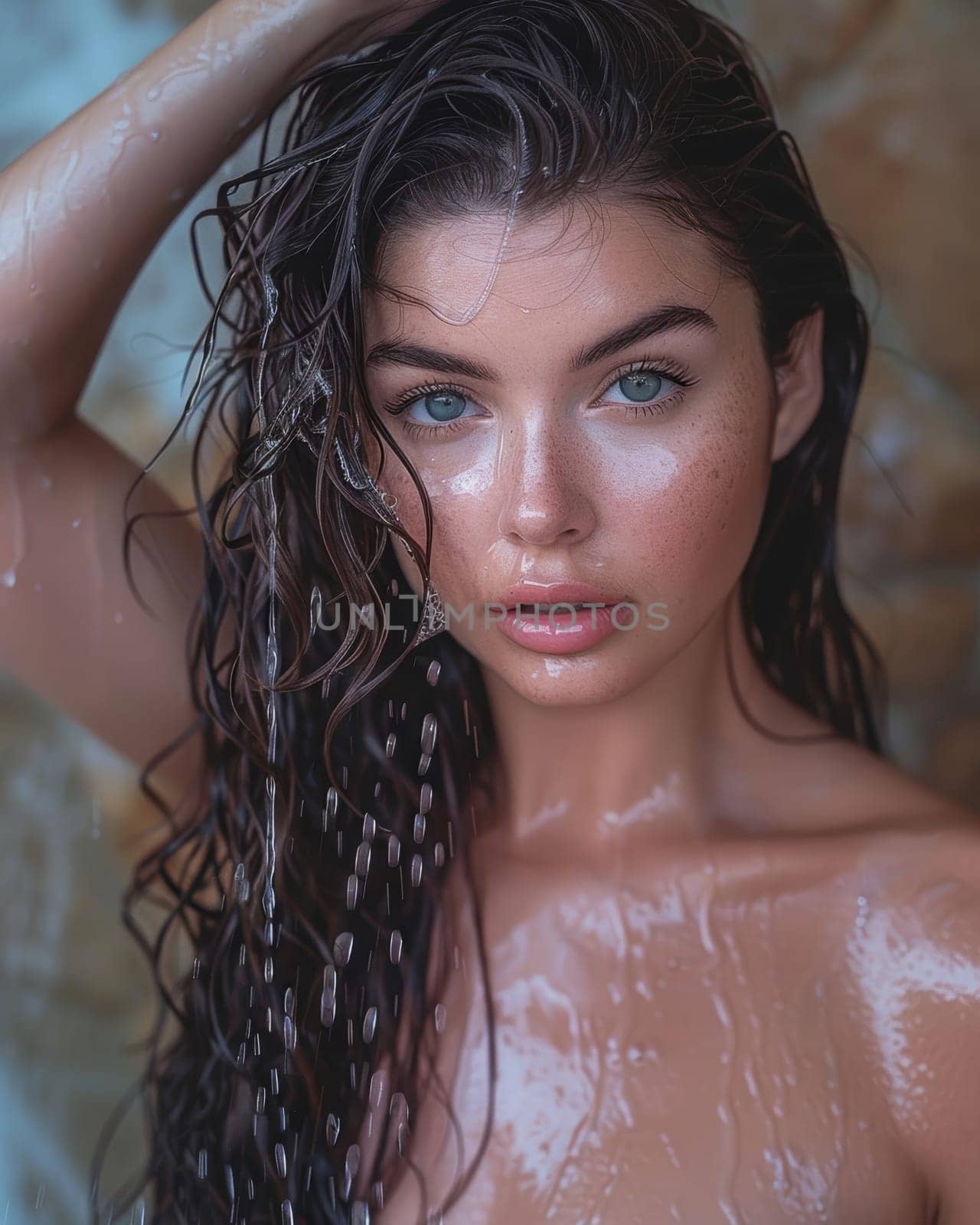 A young woman with dark, wet hair gazes pensively as she stands in the shower, water cascading down her face and body