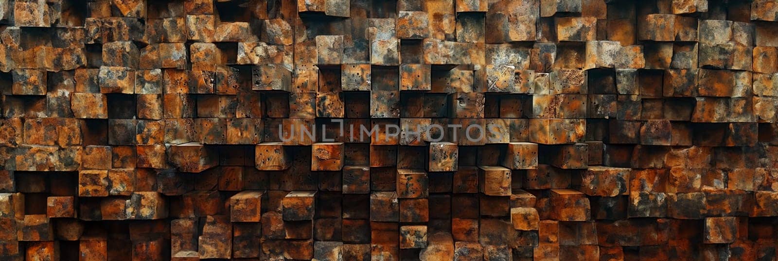 An abstract background composed of stacked, weathered wooden blocks in warm, earthy tones creating a textured, rustic pattern by sfinks