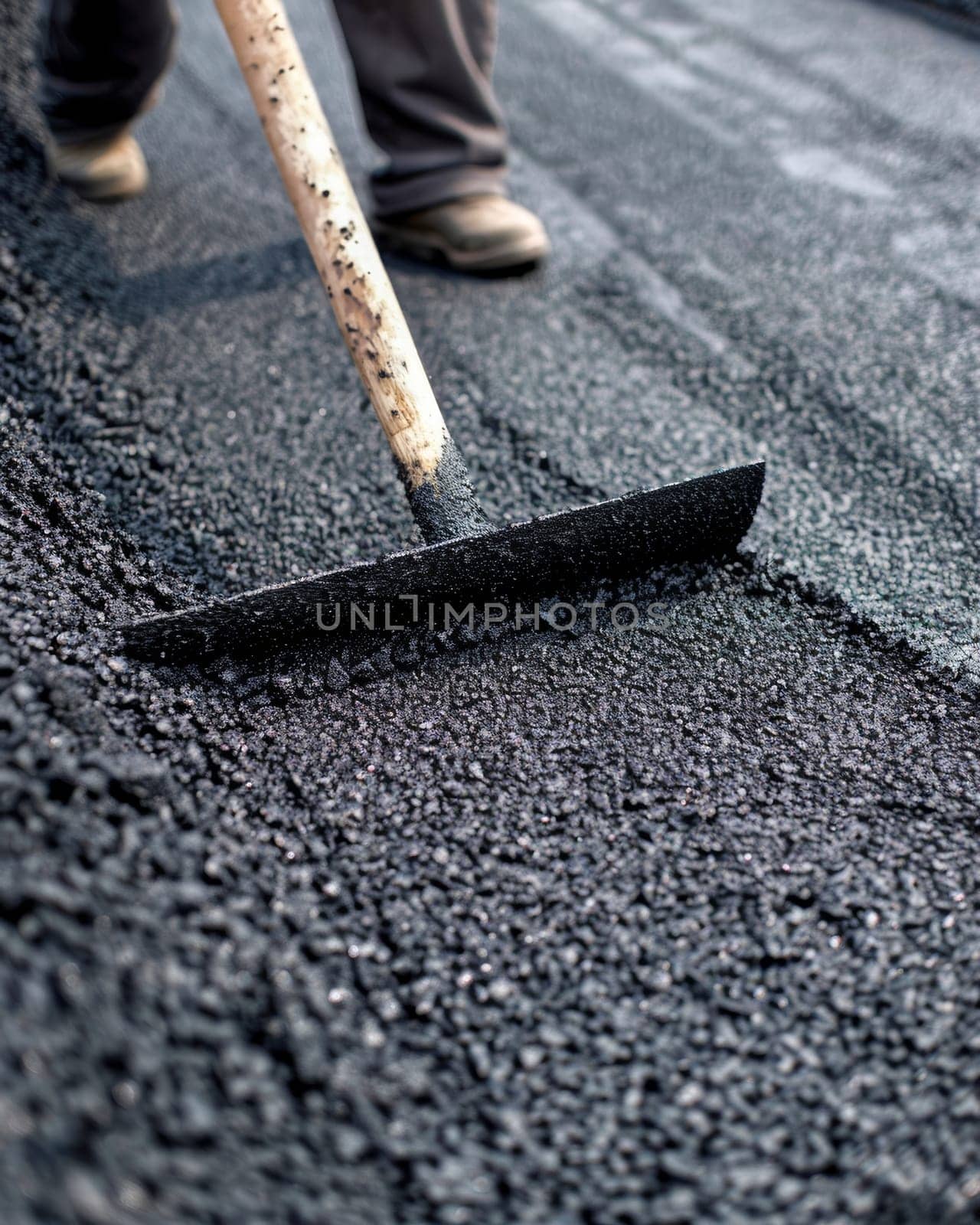 A construction worker in a reflective vest uses a metal rake to smooth and level a freshly paved asphalt road. by sfinks