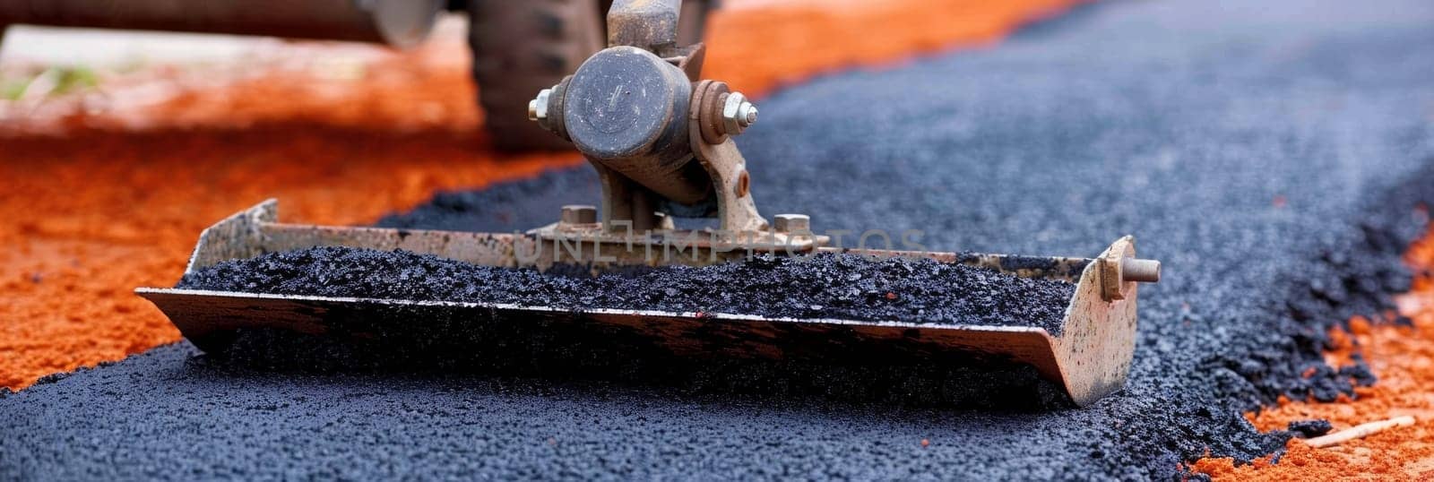 A large yellow machine with a long metal screed spreads hot asphalt onto a road base in preparation for paving. by sfinks