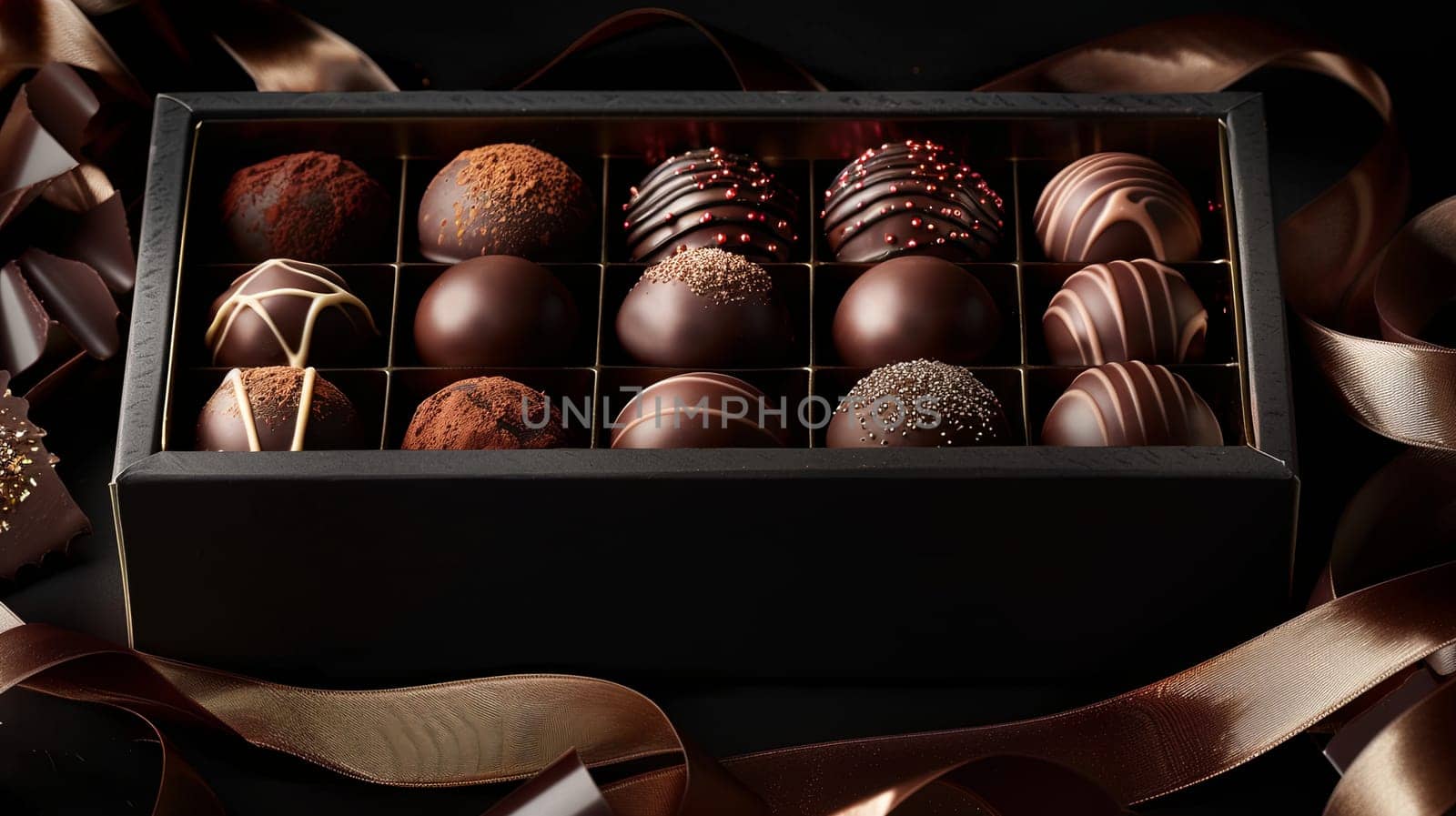 Rich dark chocolate truffles in an elegant box, adorned with a ribbon for a luxurious presentation.