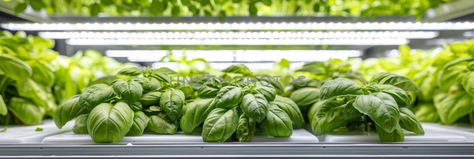 A bountiful indoor hydroponic farm filled with rows of vibrant, fresh basil plants thriving under LED grow lights. by sfinks
