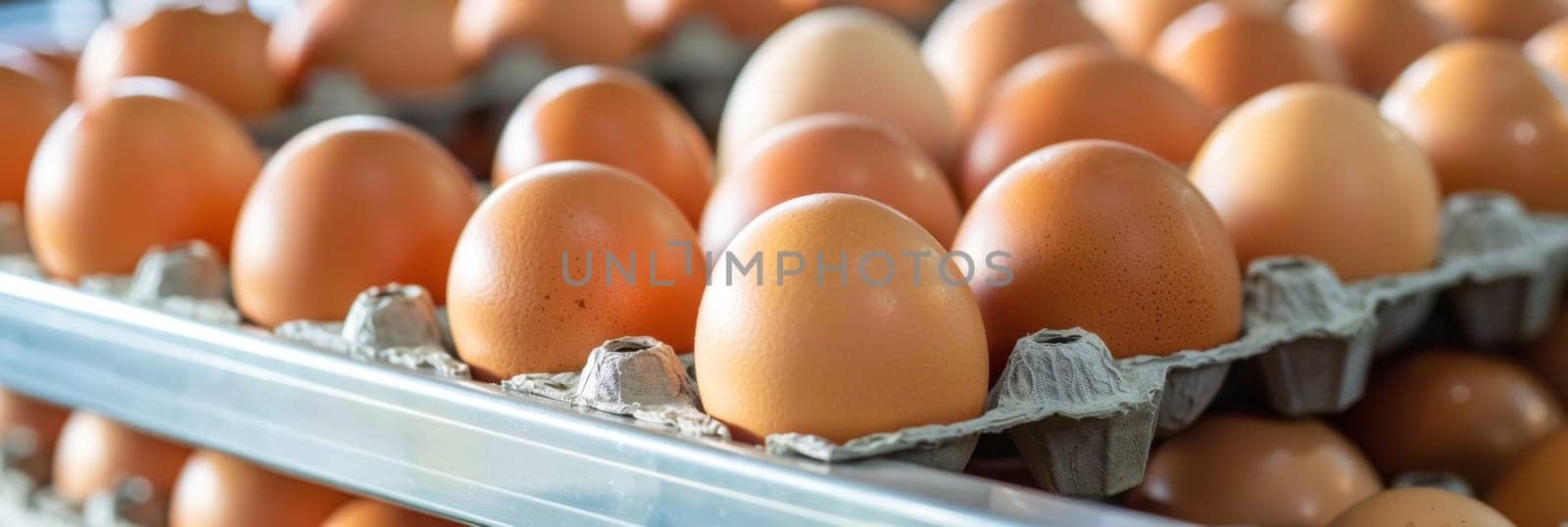 Multiple stacks of cardboard egg cartons filled with brown eggs are neatly arranged on shelves in a bustling market or grocery store, offering an abundant supply of fresh, locally-sourced produce. by sfinks