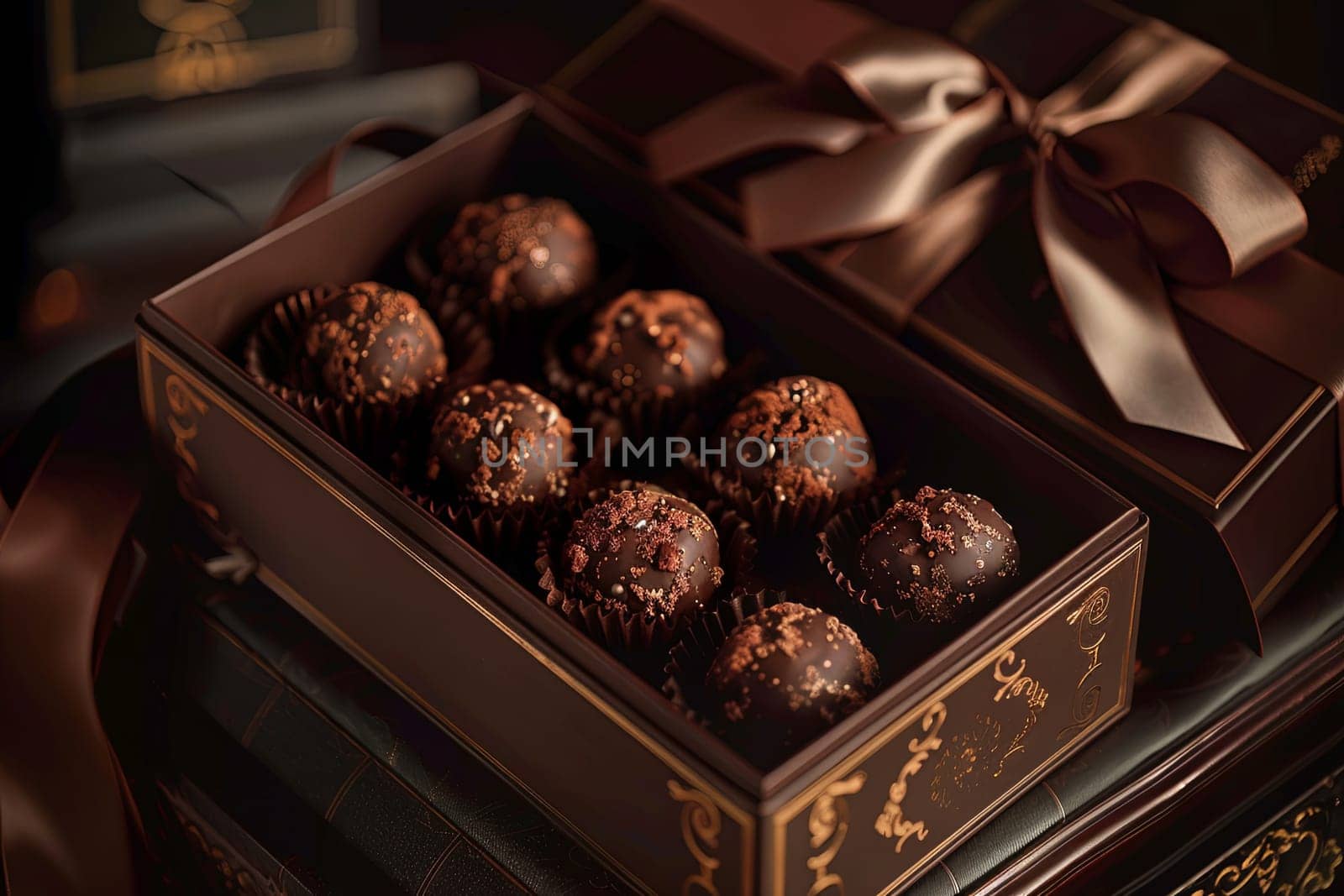 A luxurious box of chocolate truffles decorated with ribbons, sitting on a table.