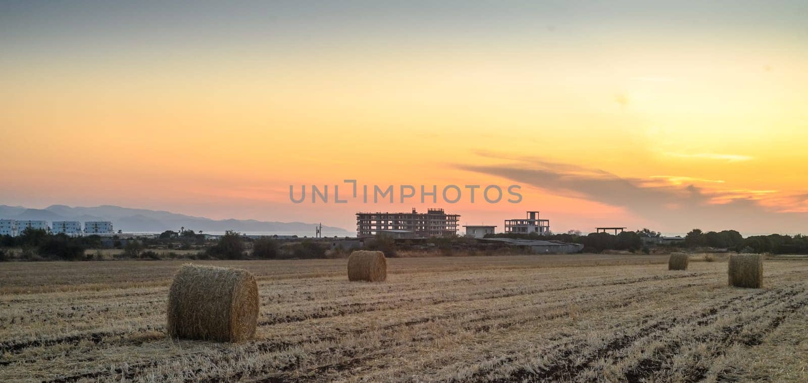 A peaceful rural sunset over a field strewn with bales of hay, the evening light 1