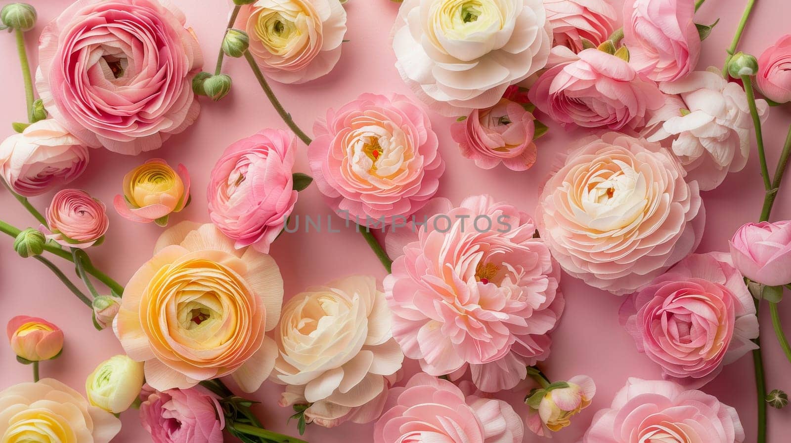 A bouquet of pink and yellow flowers with a pink background. The flowers are arranged in a way that they look like they are in a vase. Scene is cheerful and bright