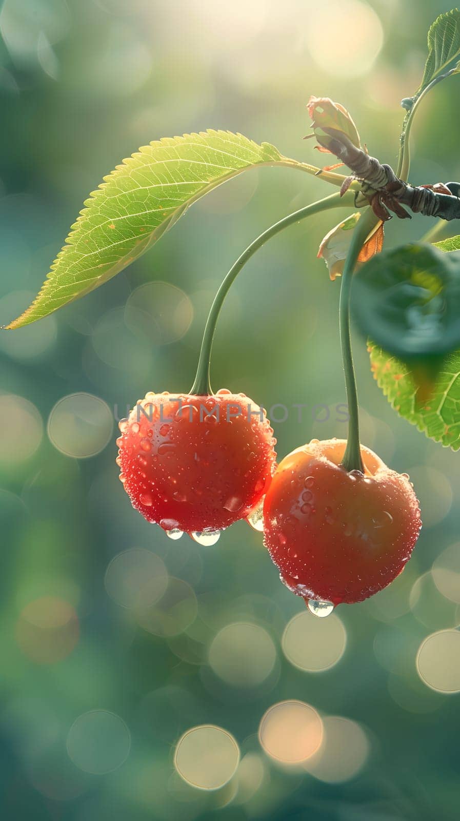 Two cherries, a type of seedless fruit, displayed on a tree branch with water drops, showcasing the natural beauty of plants and fruits in a garden setting