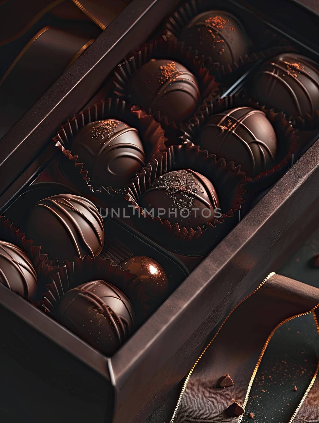Elegant box of chocolate truffles adorned with a ribbon, exuding luxury and sophistication.