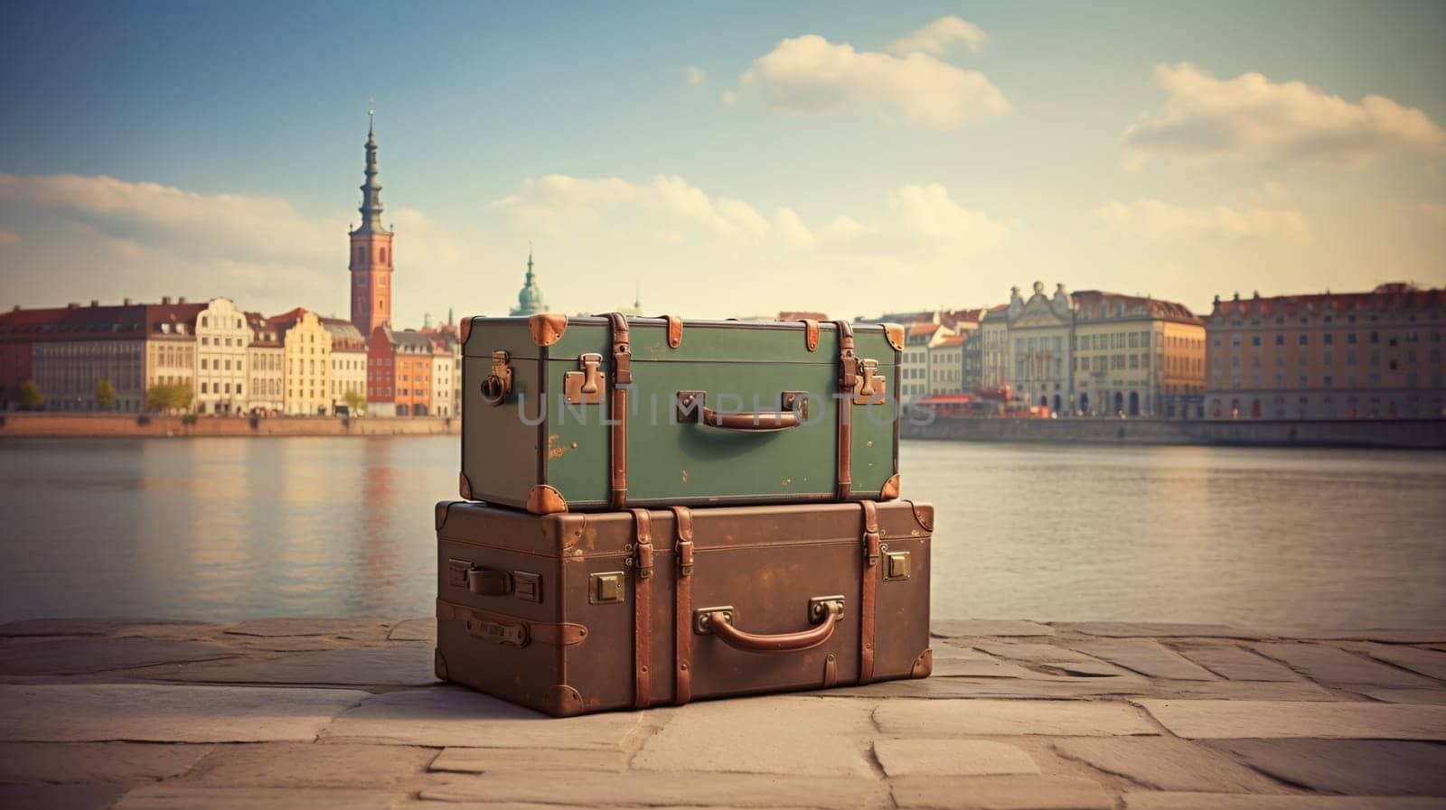 Two old-fashioned suitcases stacked on a cobblestone promenade with a picturesque city and clear blue sky in the background - Generative AI