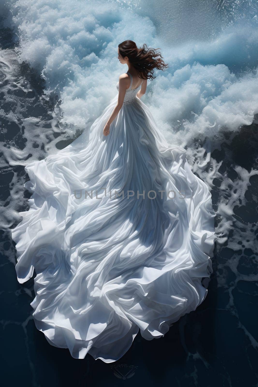 A woman stands with her back turned, her flowing white dress melding with the soft appearance of clouds around her, creating a dreamlike scene - Generative AI