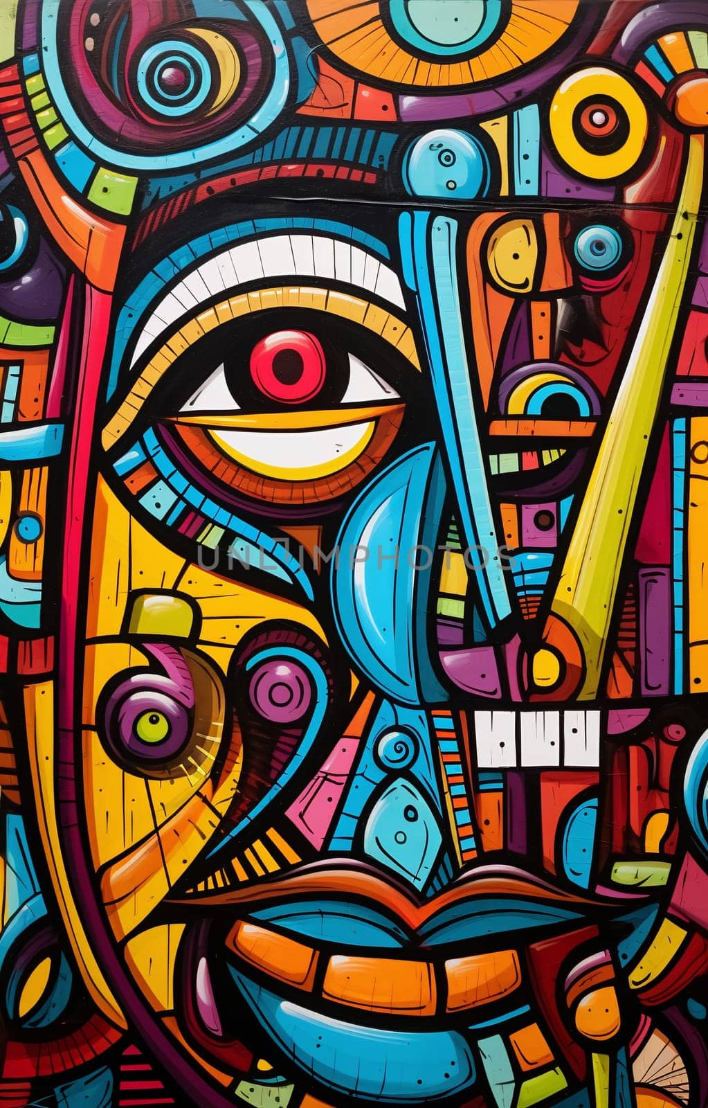 A colorful, intricate piece of graffiti art featuring abstract shapes and an eye motif creates a striking visual on a city wall - Generative AI