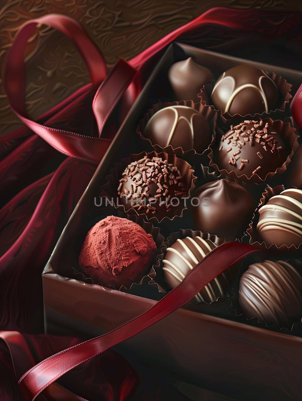 A luxurious box of chocolate truffles adorned with a vibrant red ribbon, showcasing rich dark colors and high attention to detail.