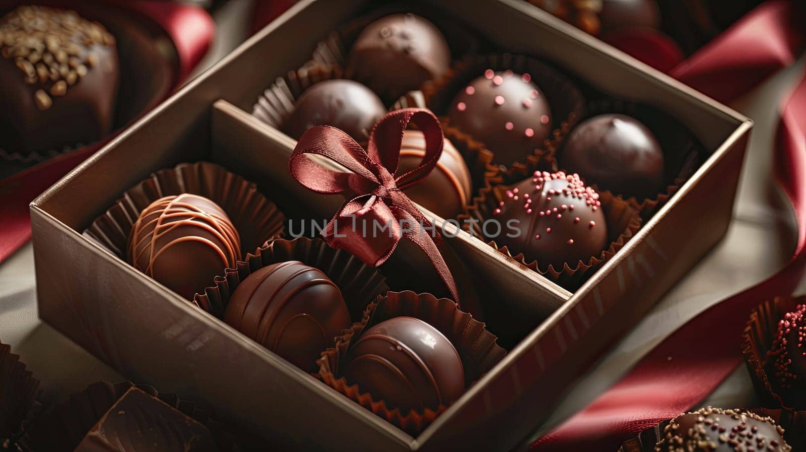 Detailed close up of an elegant box of chocolate truffles decorated with ribbons, set on a table.