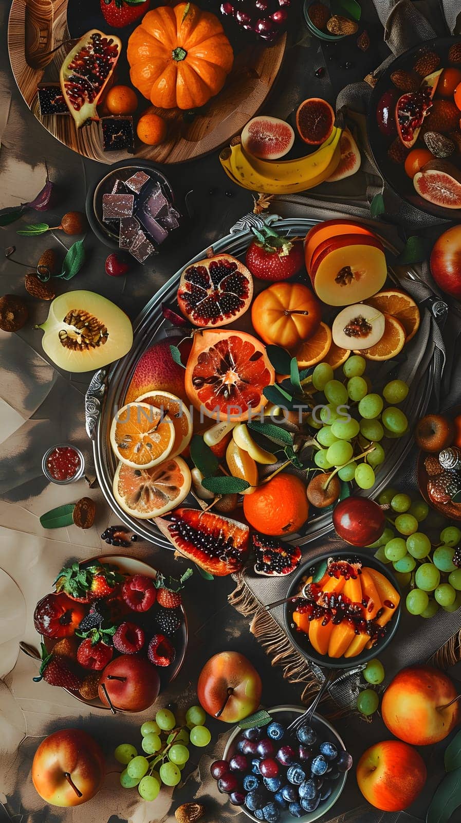 Various fruits and vegetables are displayed on the table, including grapes, berries, and other natural foods. These ingredients can be used in recipes to create delicious and nutritious cuisine