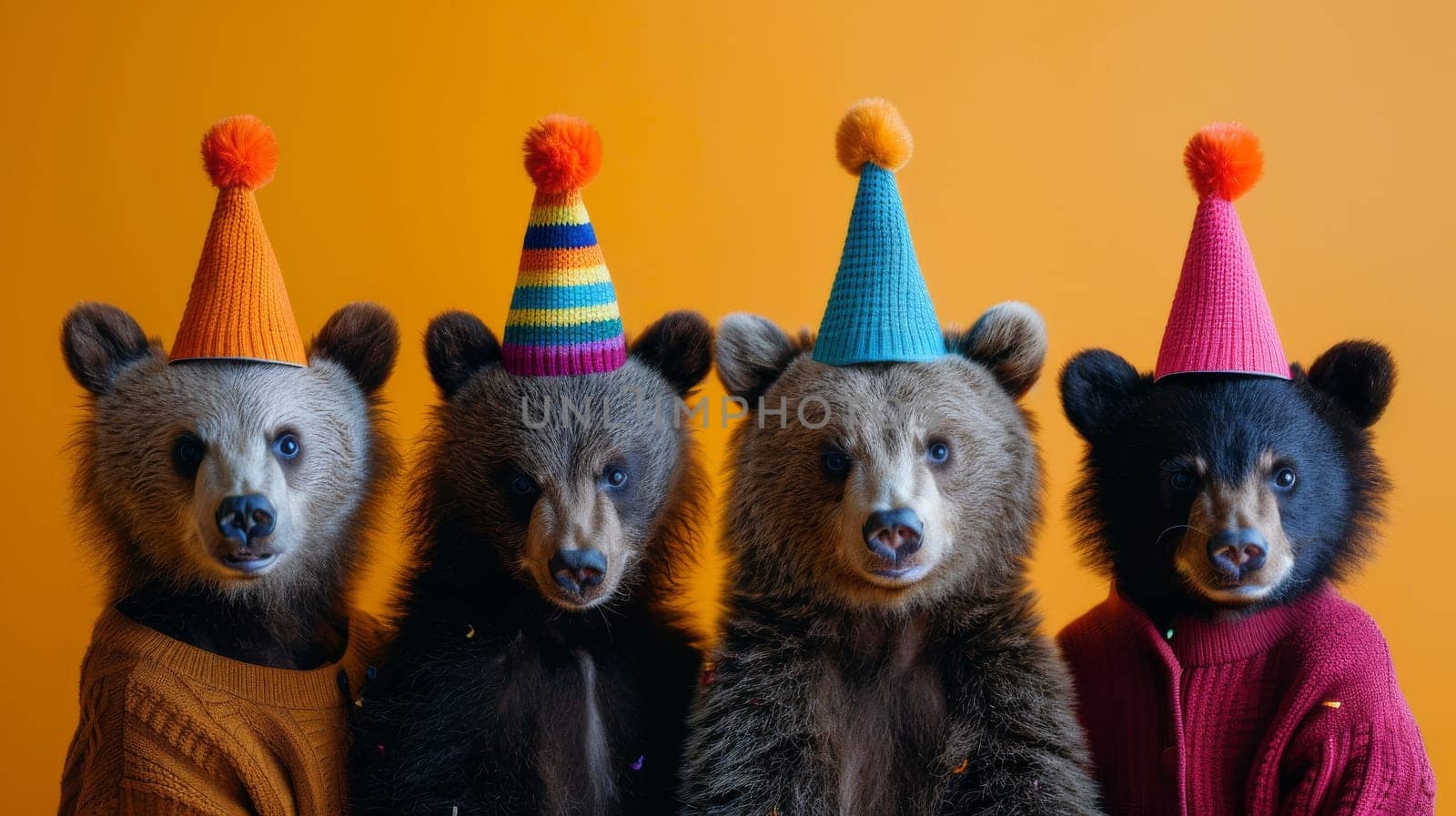 Four bears are wearing hats and jackets and standing in a line. Scene is festive and joyful, as the bears are dressed up for a celebration