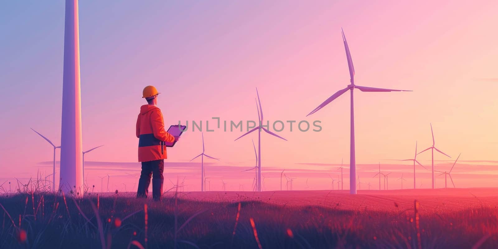 Electrical engineer working and looking at wind mill while wearing safety helmet and inspecting sustainable energy. Electrical technician checking or maintenance eco wind mill with blue sky. AIG42.