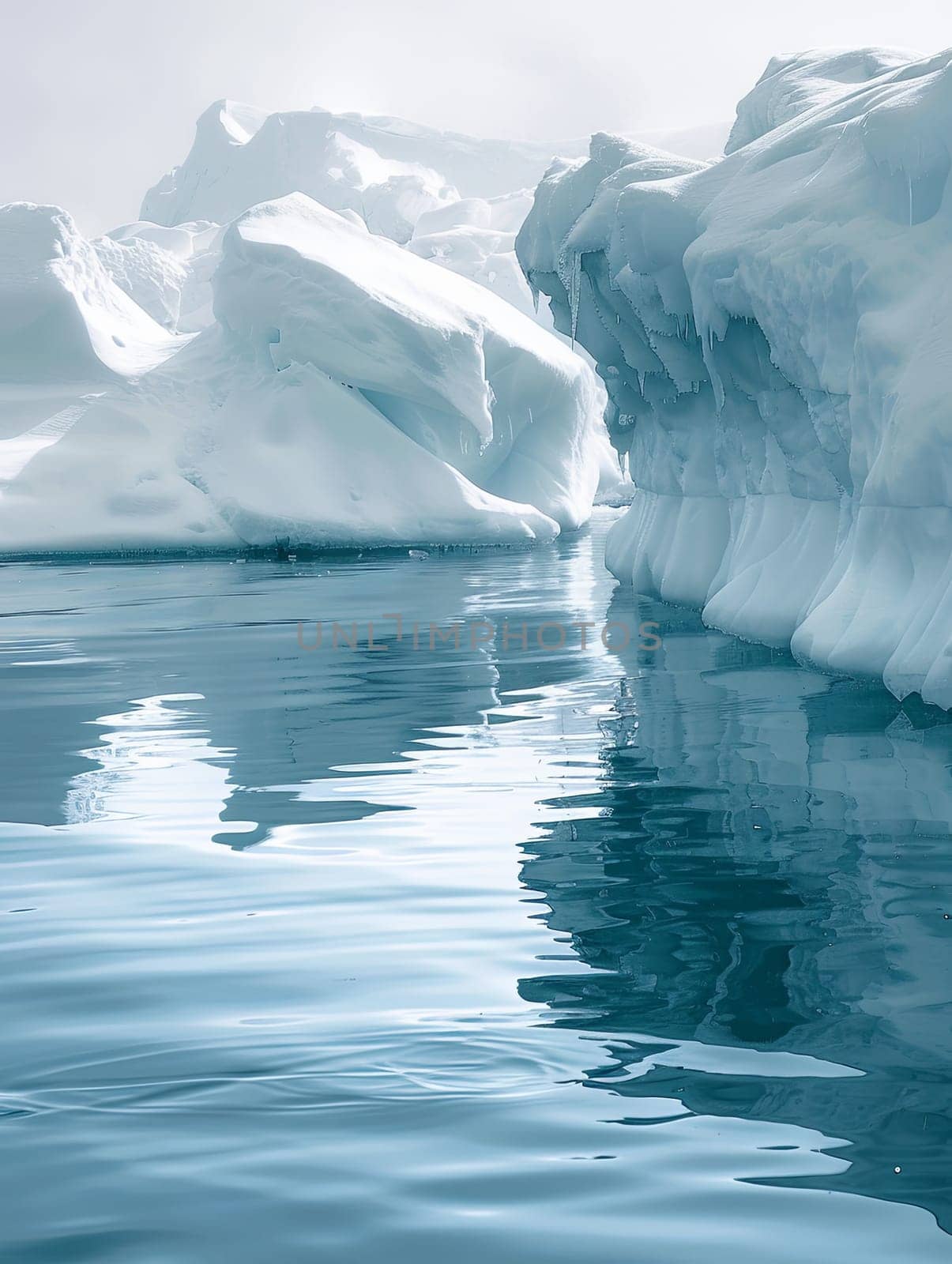 A large iceberg stands in the center of a vast body of water, showcasing its imposing presence and icy texture under the sunlight.