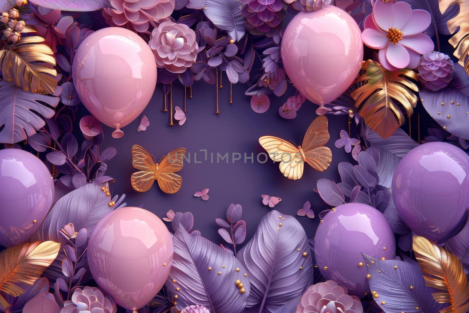 A purple background with gold butterflies and pink flowers.