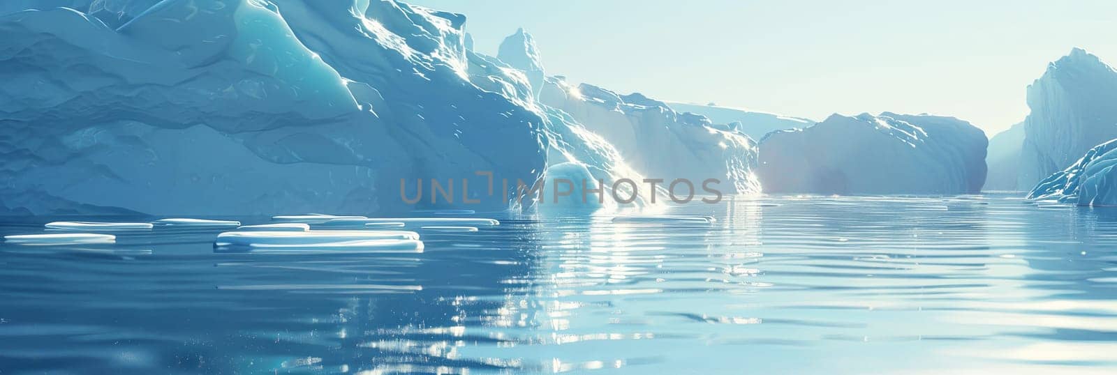 Multiple icebergs are seen floating on the cold Arctic waters, each displaying unique shapes and sizes.