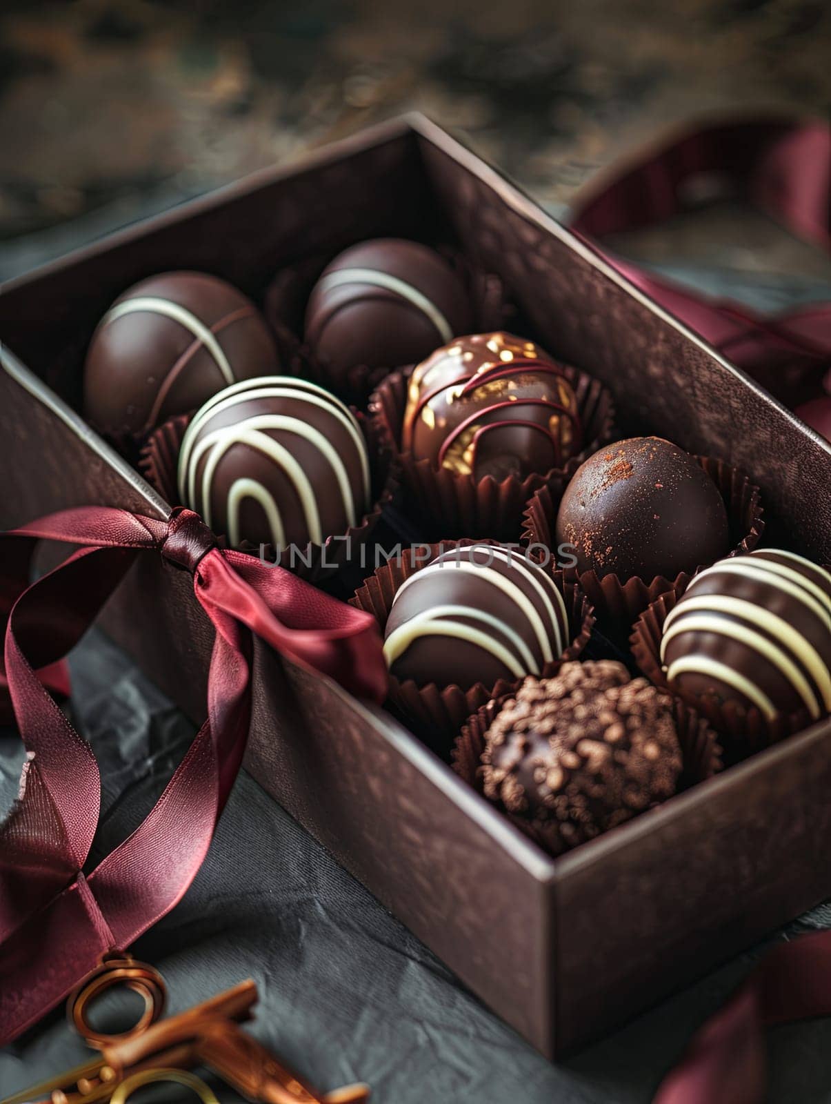 Elegant box of assorted chocolate truffles wrapped with a ribbon, featuring rich dark colors and high-detail design.