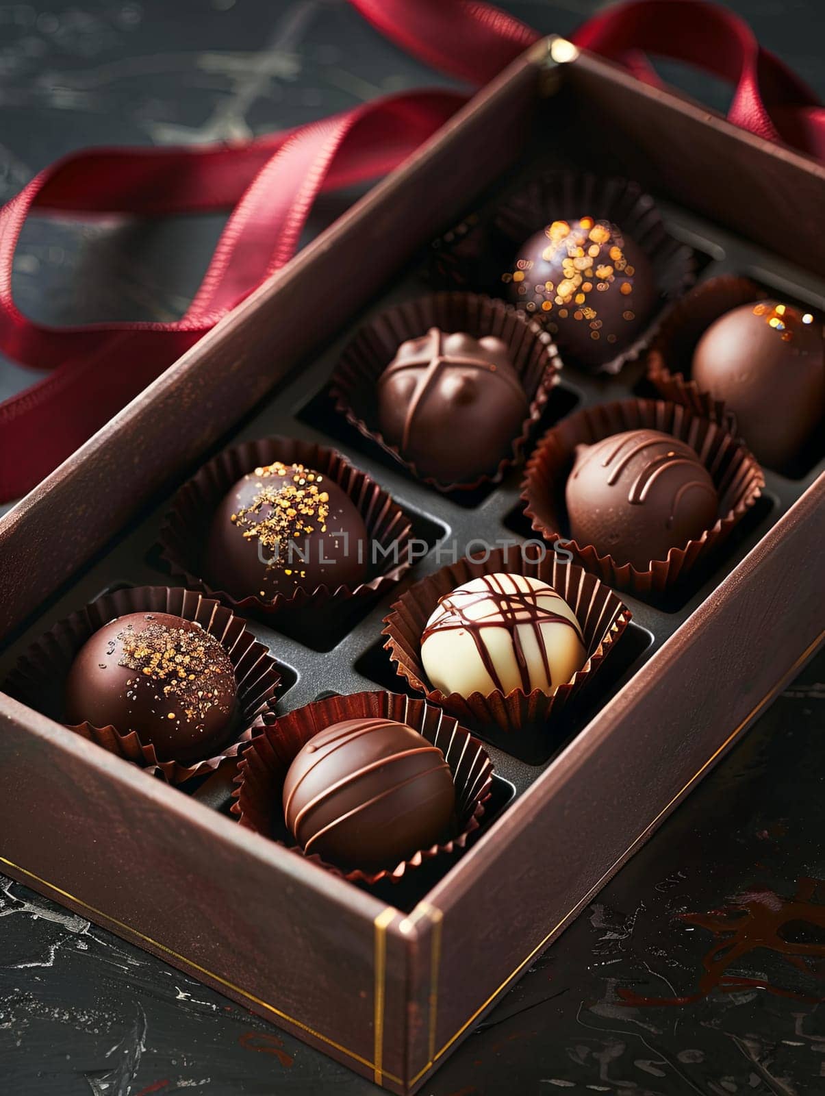 Luxurious box of chocolate truffles with rich dark colors and a red ribbon wrapped around it.