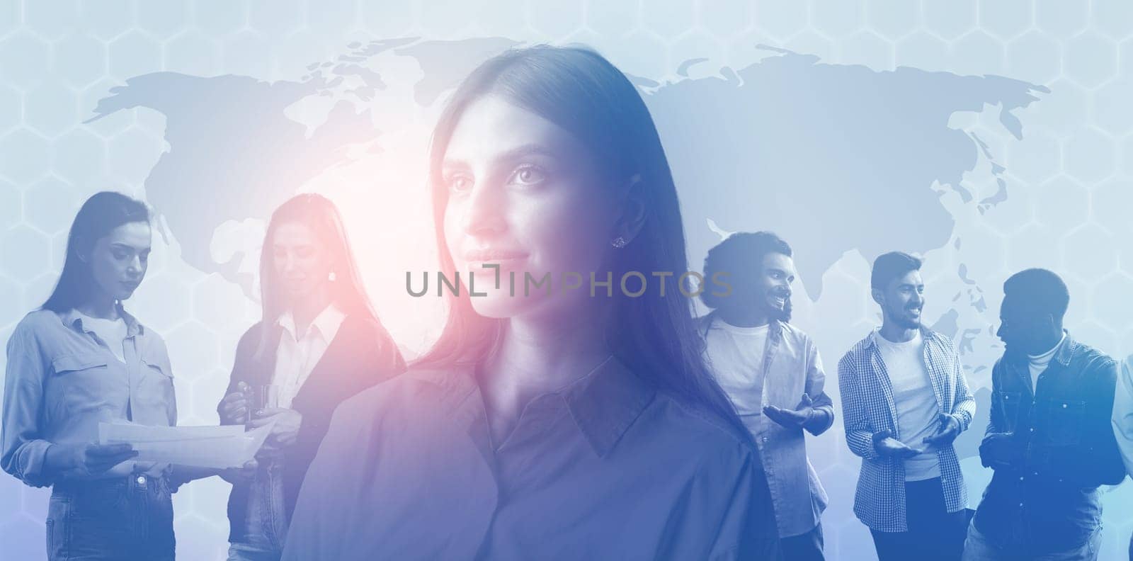 Creative image of silhouettes of businesspeople standing together on abstract background by Fabrikasimf