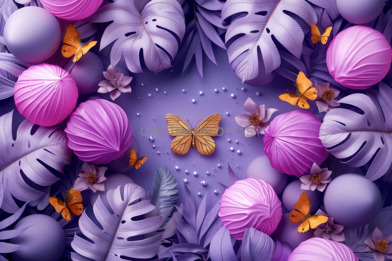 A purple background with gold butterflies and pink flowers.