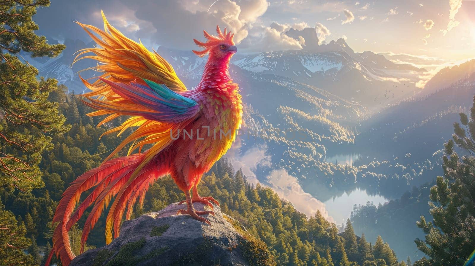 A fantasy phoenix bird with heaven background.