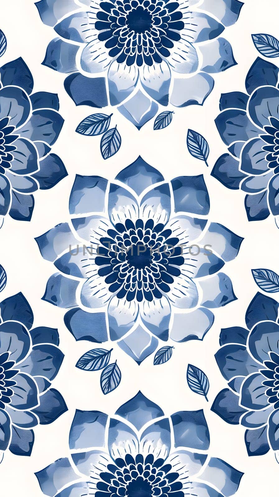 A seamless pattern of azure flowers and leaves on a white background, creating a symmetrical and artistic design. The electric blue accents add a pop of color to the aquaticthemed organism artwork