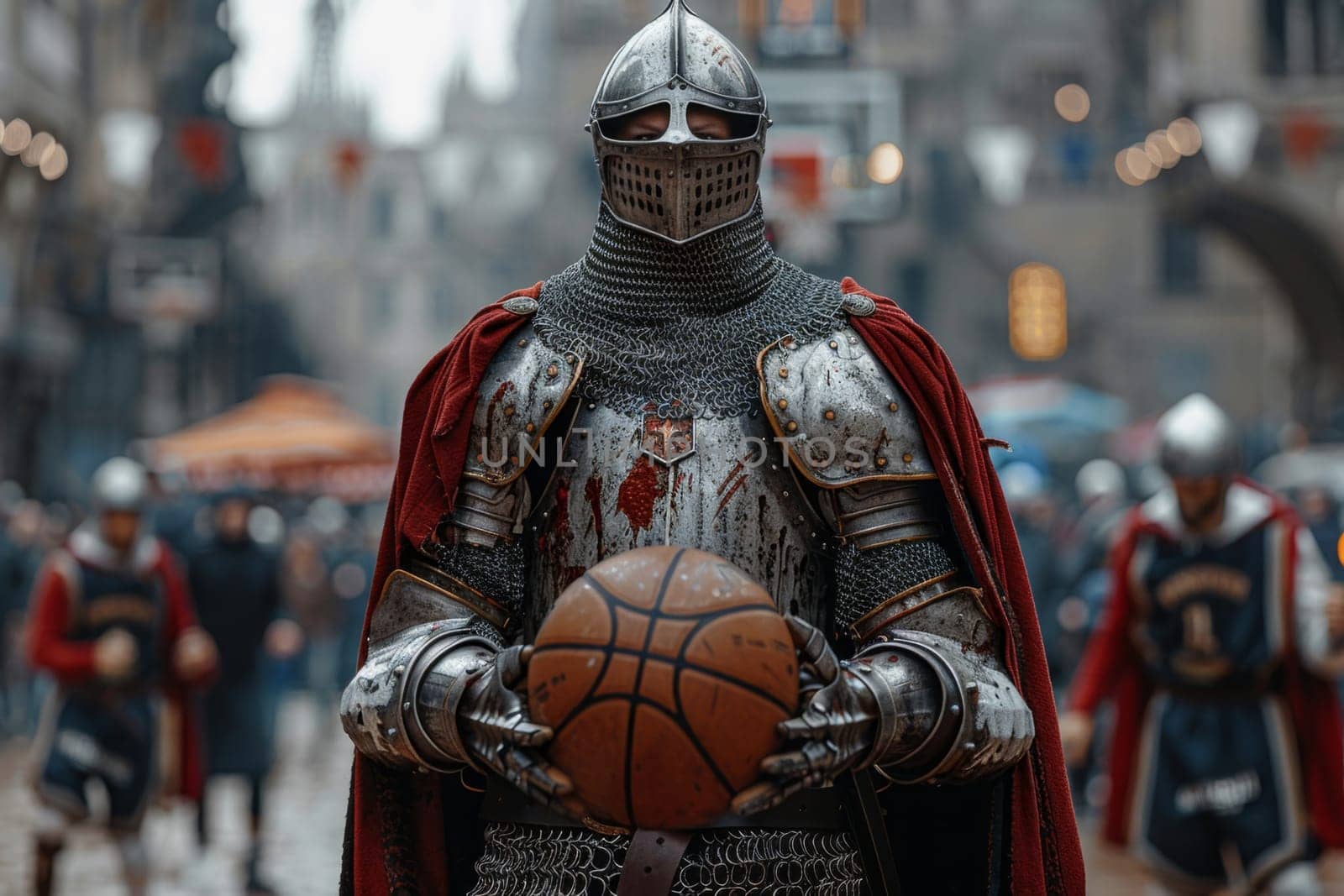 A medieval knight basketball player stands with a basketball before a game against a street backdrop.
