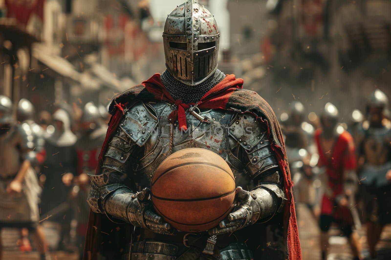 A medieval knight basketball player stands with a basketball before a game against a street backdrop.