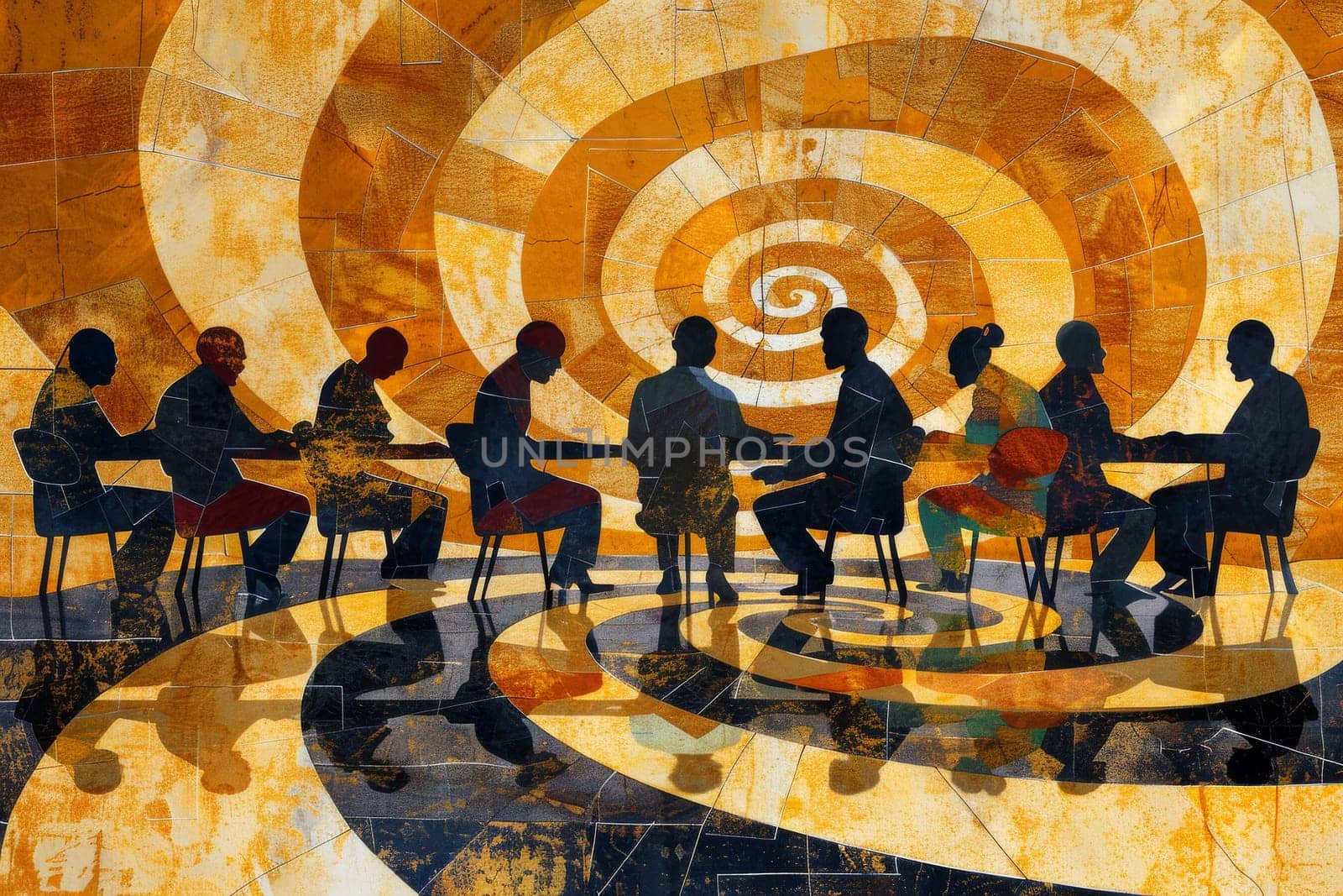 A group of people are sitting around a table in a spiral pattern. The table is surrounded by chairs and the people are all looking at each other. Scene is one of collaboration and teamwork