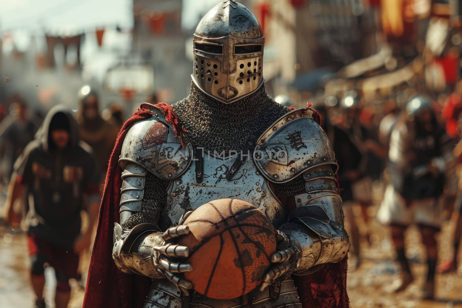 A medieval knight basketball player stands with a basketball before a game against a street backdrop.