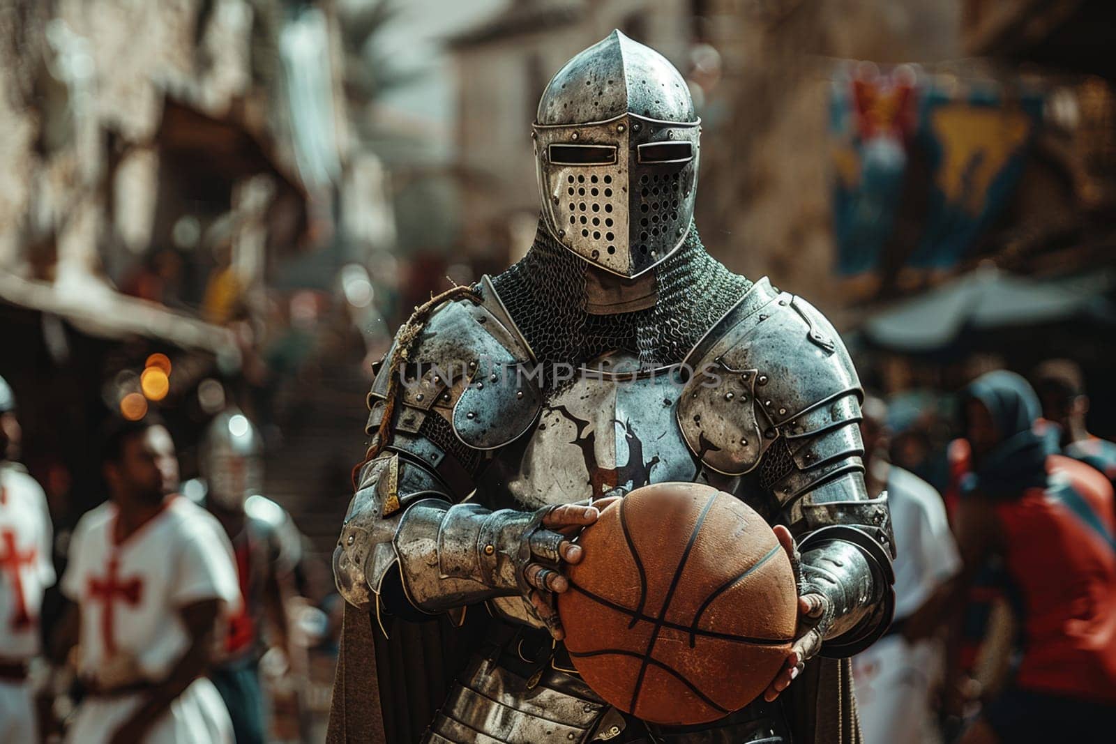 A medieval knight basketball player stands with a basketball before a game against a street backdrop.