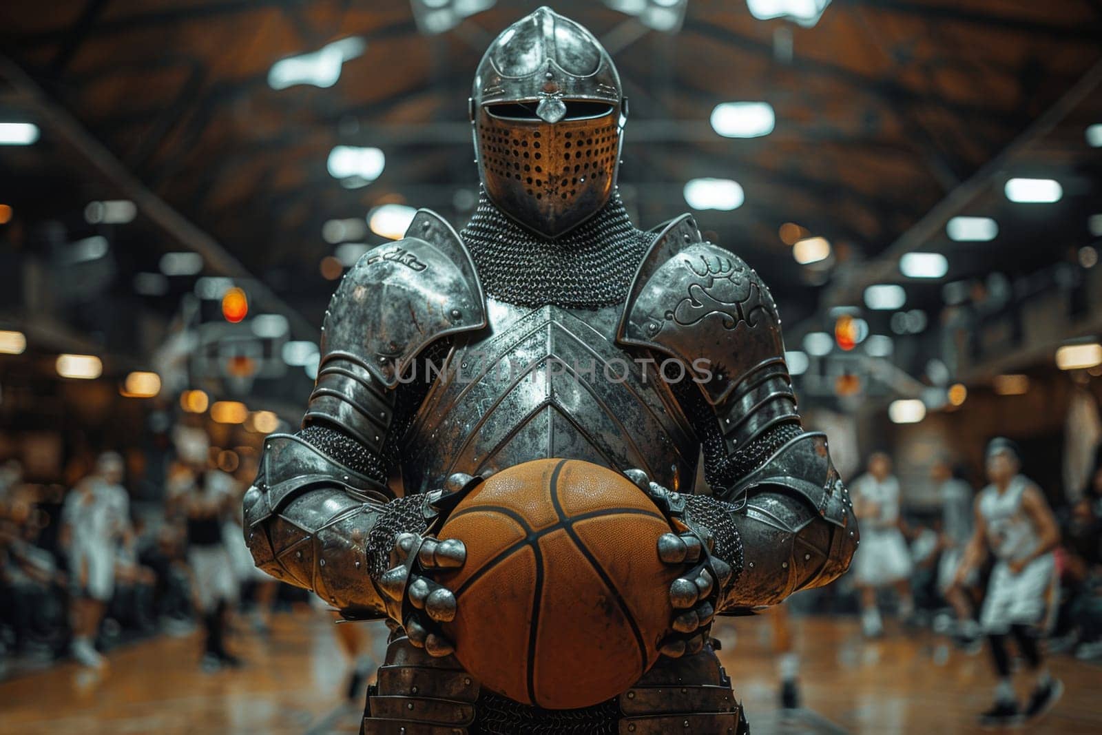 Medieval knight basketball player stands with a basketball before the game in the background of the arena.