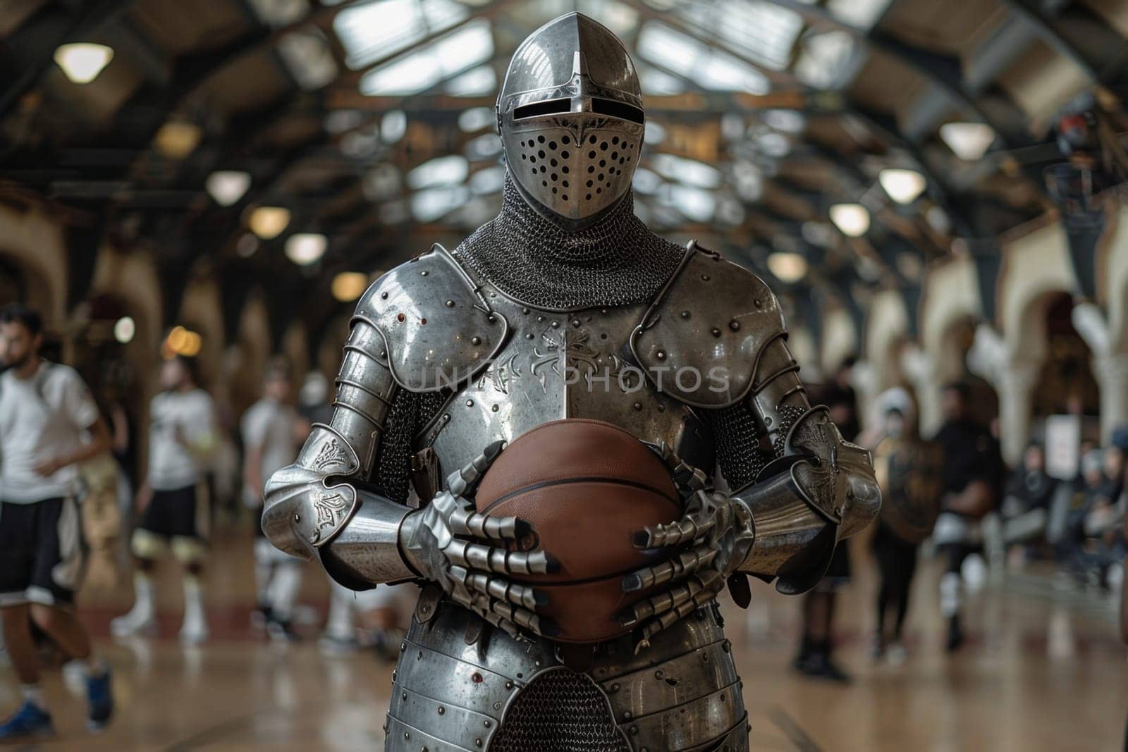 Medieval knight basketball player stands with a basketball before the game in the background of the arena.