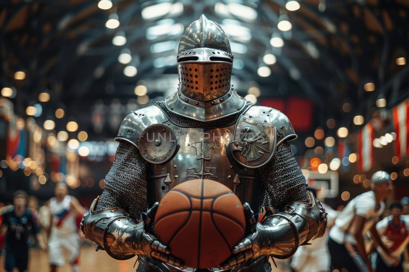 Medieval knight basketball player stands with a basketball before the game in the background of the arena.